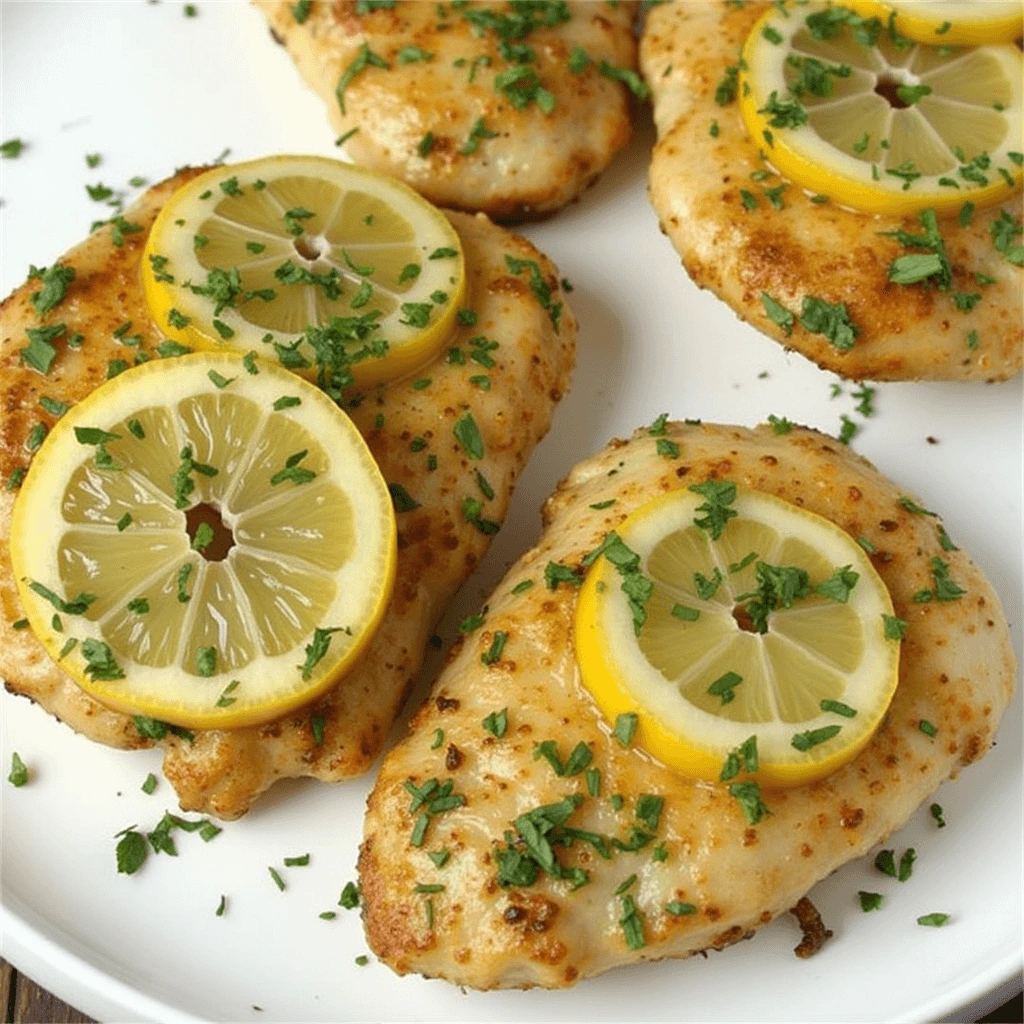 Juicy lemon herb chicken breasts garnished with fresh parsley and lemon slices on a white plate.