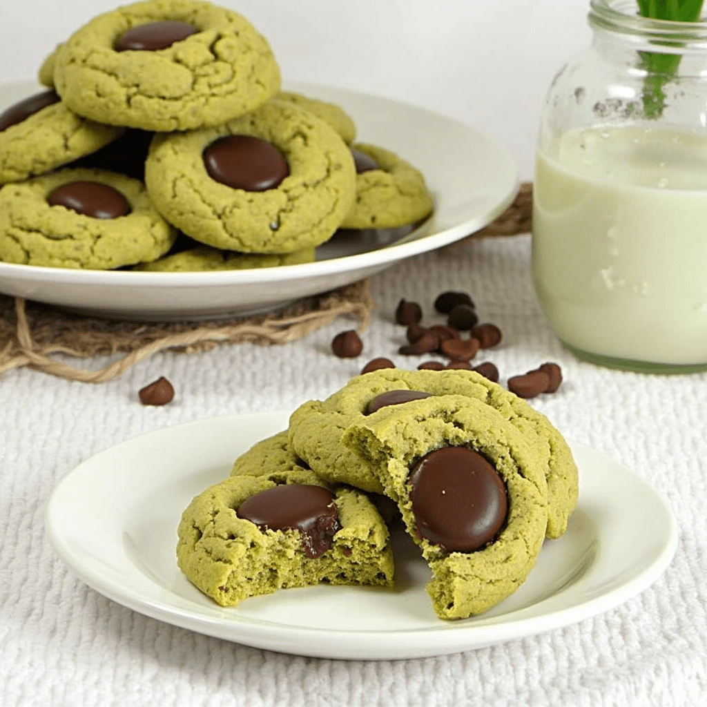 Matcha chocolate thumbprint cookies with chocolate centers, served on a white plate with a glass of milk in the background.