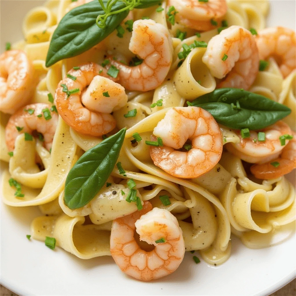 Plate of fettuccine pasta with cooked shrimp, garnished with fresh basil leaves and chopped chives.