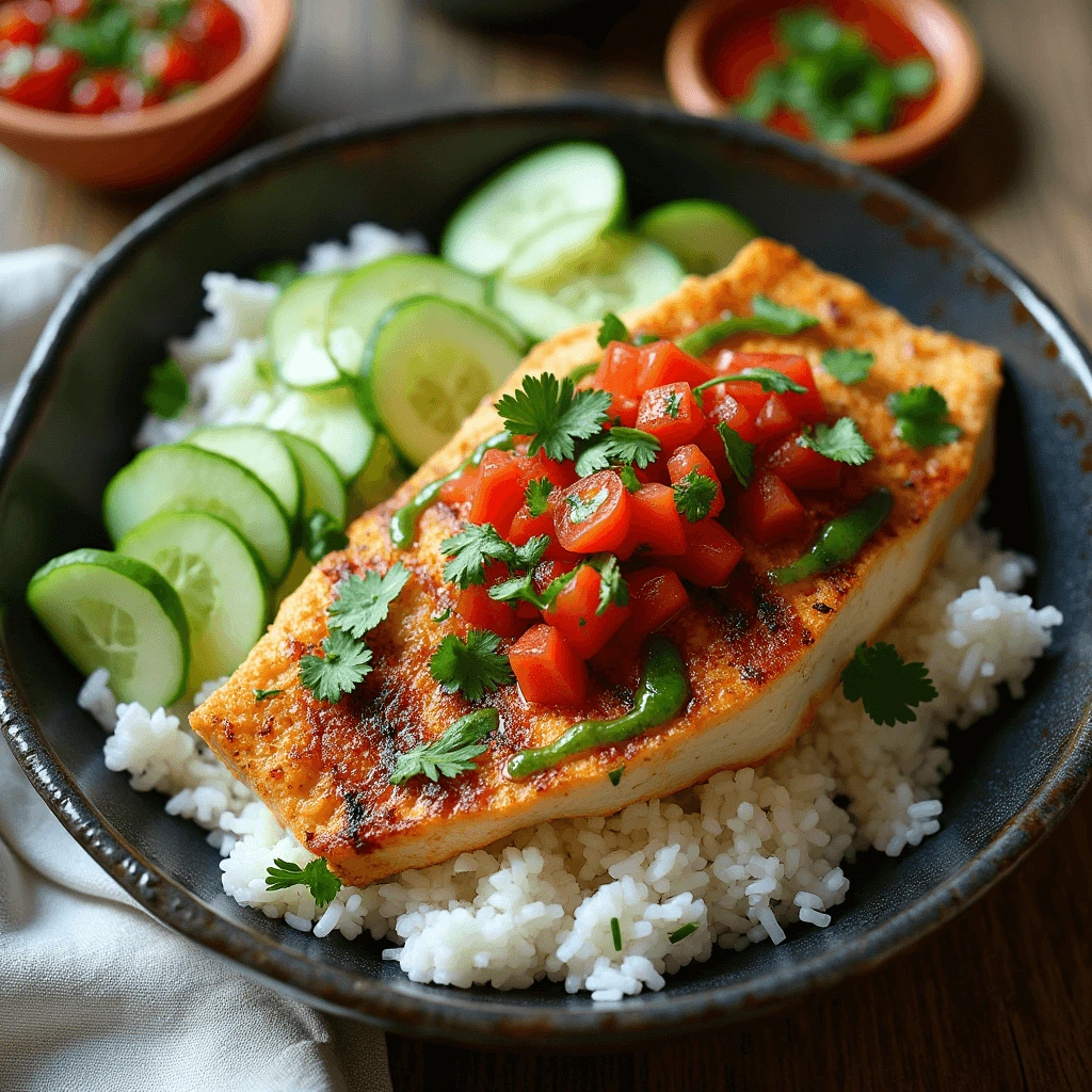 text: A plated dish of grilled fish with a golden-brown crust, topped with fresh tomato salsa and green herb sauce, served on a bed of white rice with sliced cucumbers and cilantro garnish in a dark ceramic bowl.