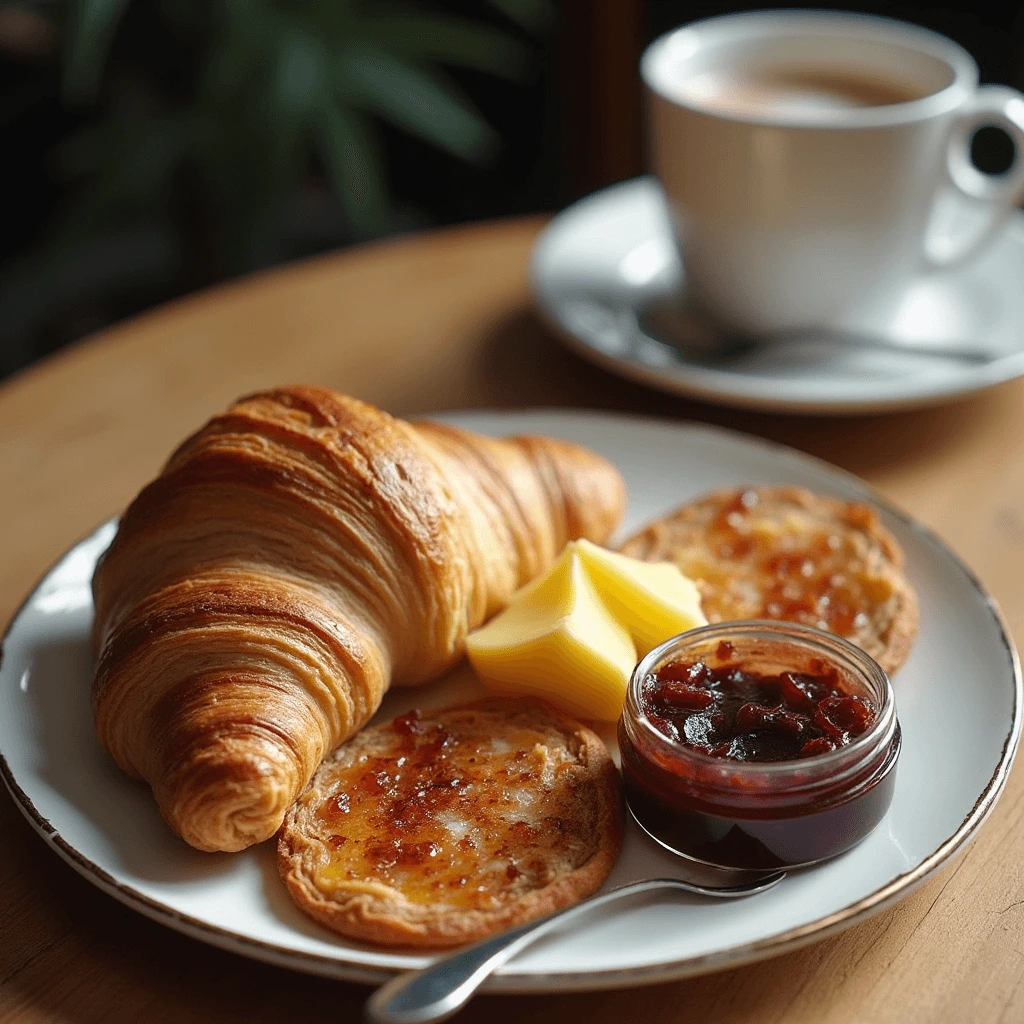 A breakfast plate featuring a croissant, two slices of toast with jam, a small jar of jam, and two pieces of butter, with a cup of coffee in the background.