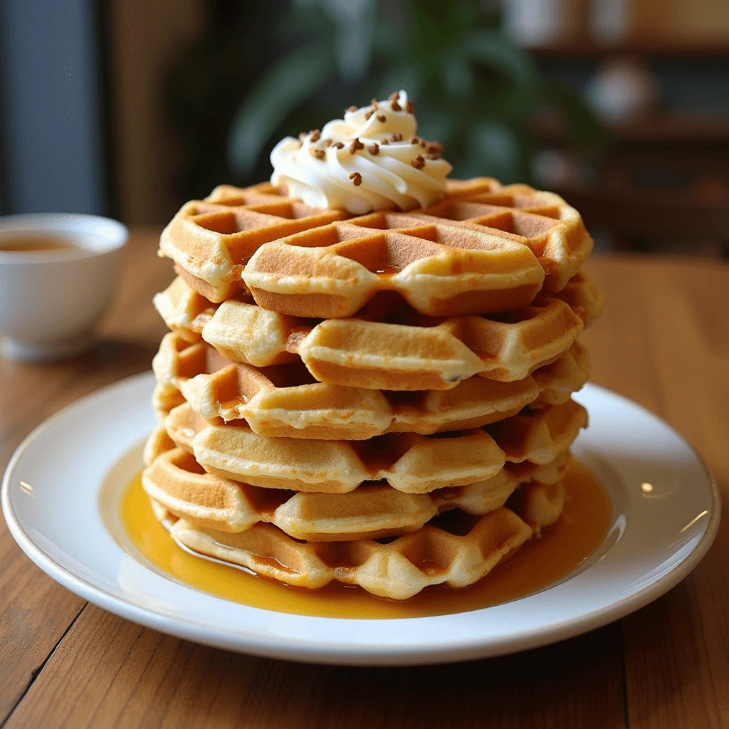 A stack of golden-brown wafler drizzled with syrup, topped with whipped cream and chocolate sprinkles, served on a white plate with a cup of coffee in the background.