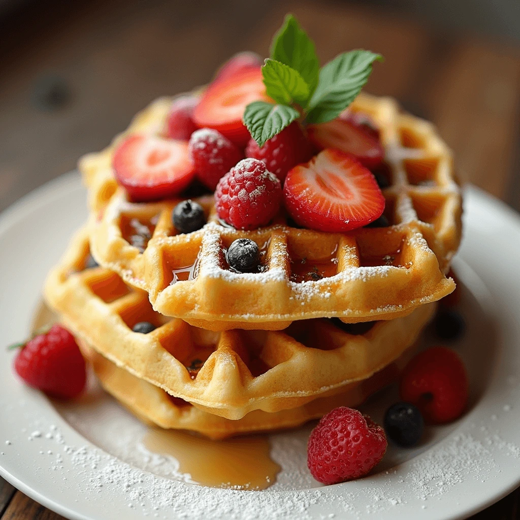 A stack of golden-brown waffles drizzled with caramel sauce, topped with whipped cream and red sprinkles, served on a white plate.