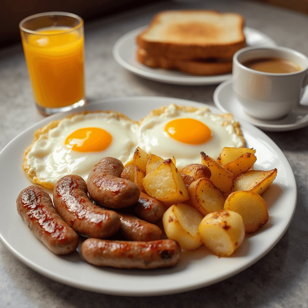A hearty breakfast plate featuring two sunny-side-up eggs, sausages, and roasted potatoes, accompanied by a glass of orange juice, a cup of coffee, and a plate of toast in the background.