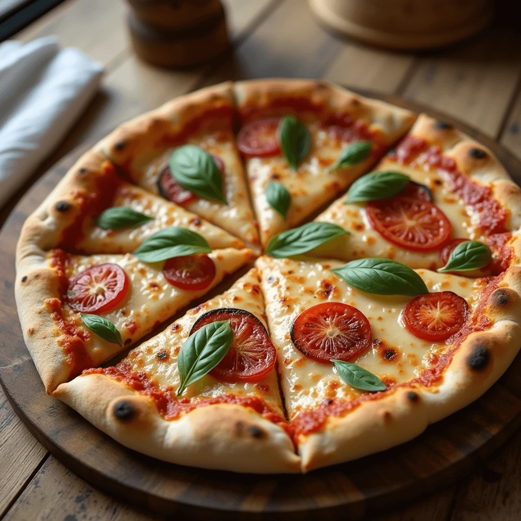 A fresh baked pizza topped with melted cheese, tomato slices, and fresh basil leaves, cut into eight slices and placed on a wooden board.