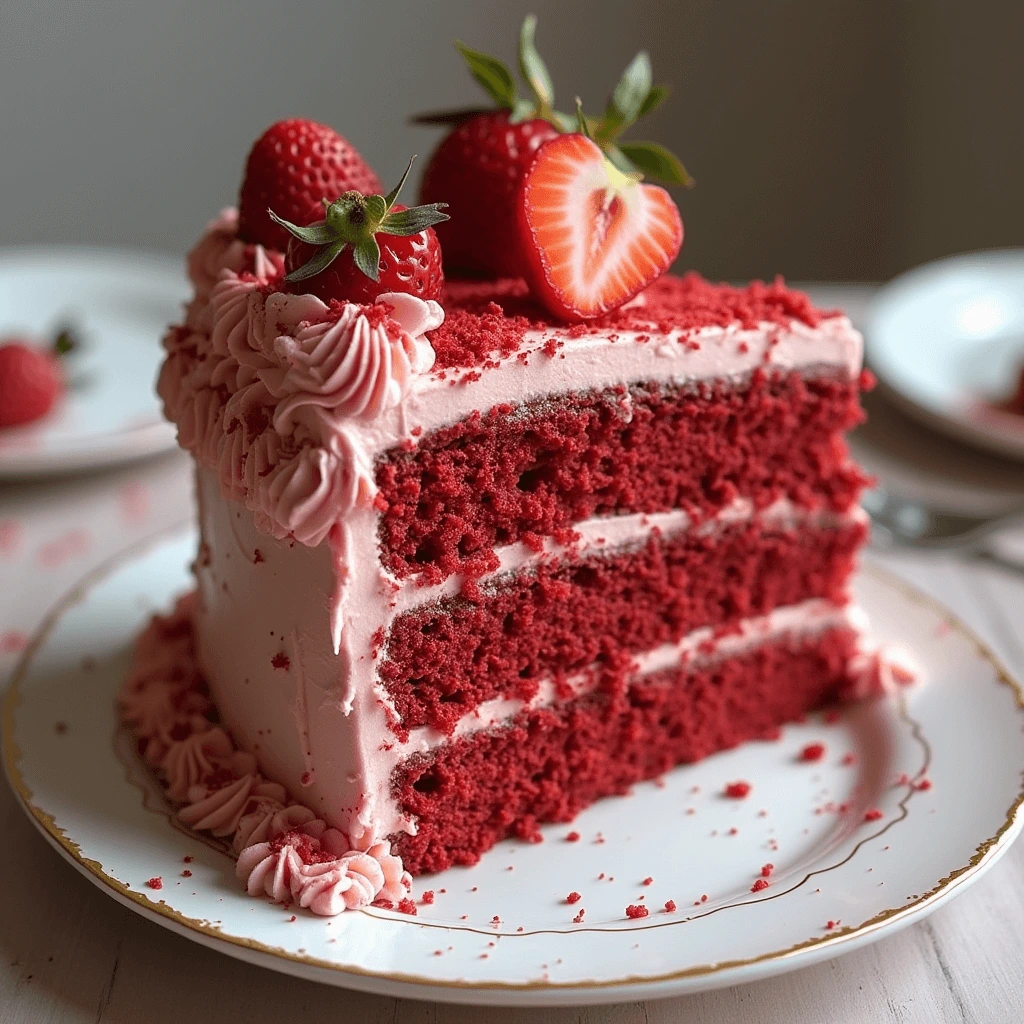 A slice of red velvet cake with pink frosting and strawberries on top, placed on a white plate.