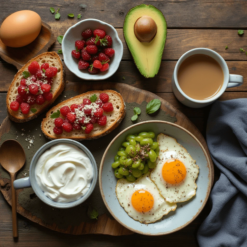 A breakfast spread featuring two slices of toast with raspberries, a bowl of raspberries, a halved avocado, a cup of coffee, a bowl of yogurt, and a plate with two sunny-side-up eggs and green grapes.