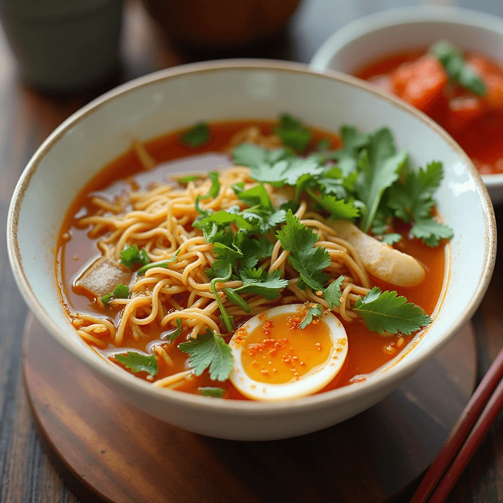 A bowl of Vietnamese crab noodle soup (Bún Riêu Cua) with red-orange broth, vermicelli noodles, fresh cilantro, a halved boiled egg, and various toppings, served on a wooden surface.